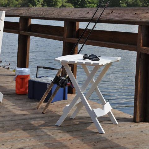Quik-Fold Plastic Side Tables 2 Pack White, Lightweight Patio Tables With Foldable Design, UV Protected Resin by a lakeside dock