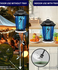 Outdoor Bug Zapper With LED Light 5600V Electric Fly Killer displayed for both indoor and outdoor use, showcasing plug in and half acre coverage.