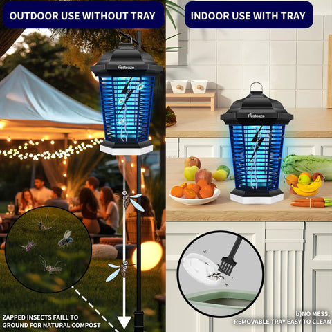 Outdoor Bug Zapper With LED Light 5600V Electric Fly Killer displayed for both indoor and outdoor use, showcasing plug in and half acre coverage.