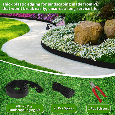 Easy No Dig Landscape Edging Border Kit With Scissors And 20 Spikes Two Inch Tall Black Plastic Lawn Edging For Lawn And Garden