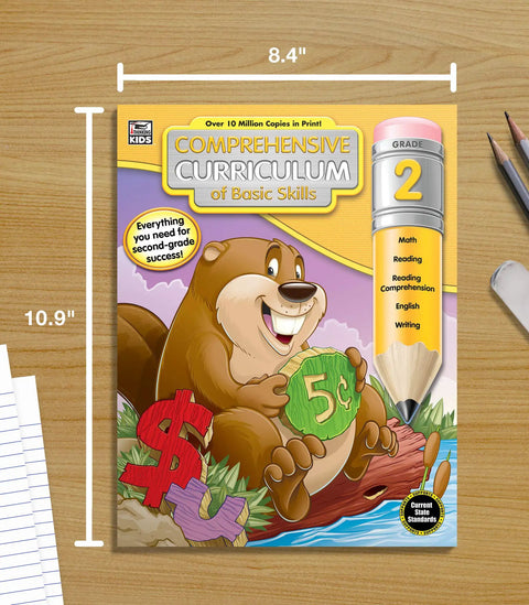 Cover of All In One Second Grade Comprehensive Skills Workbook with cartoon beaver, measuring 8.4 x 10.9 inches on desk.