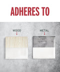 Heavy Duty Brush On Protective Enamel Paint In Gloss White adheres to wood and metal surfaces, showing color application samples.