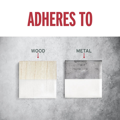Heavy Duty Brush On Protective Enamel Paint In Gloss White adheres to wood and metal surfaces, showing color application samples.