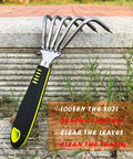 Five Claw Landscape Garden Rake Dethatcher Grab And Go All In One Tool for Weeding and Leaf Removal with black handle on grass