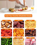 Premium Electric Food Dehydrator Packing Five BPA Free Trays For Backyard Jerky Dried Fruits And Fresh Herbs arranged on a kitchen countertop.