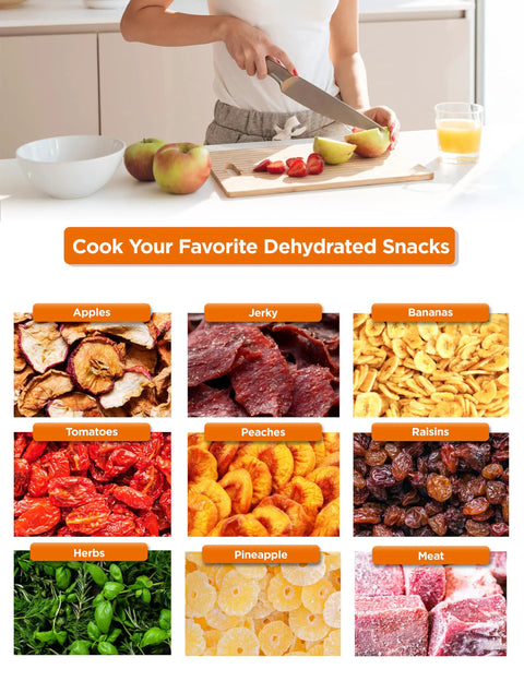 Premium Electric Food Dehydrator Packing Five BPA Free Trays For Backyard Jerky Dried Fruits And Fresh Herbs arranged on a kitchen countertop.