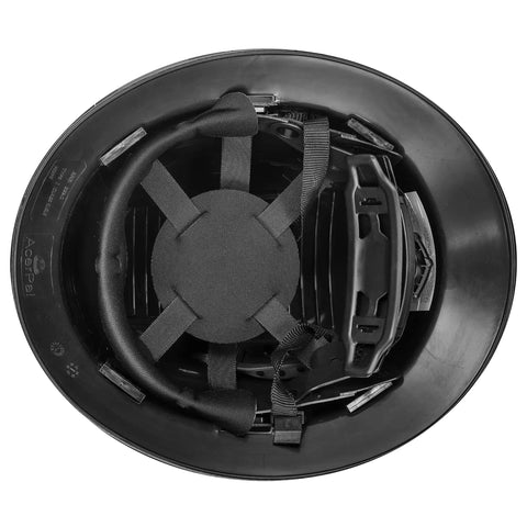 Interior view of Full Brim Non Vented Hard Hat With Color Weave Carbon Fiber Design Gloss Finish OSHA Approved Helmet With 6 Point Suspension