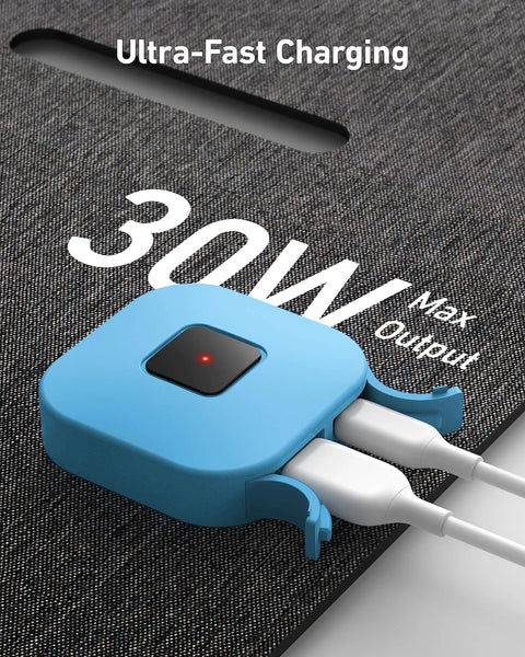 Close-up of Solix PS30 Foldable 30W Solar Panel Charger for Camping and Outdoors showing dual USB ports. Ultra-fast charging.