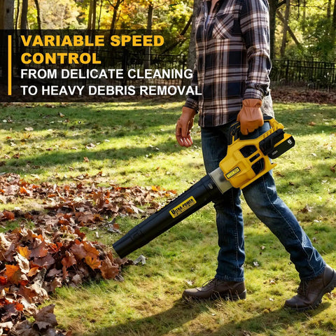 Person using Cordless Leaf Blower For DeWalt 20V Max Battery, 600 CFM At 125 MPH Brushless Electric Blower With Speed Lock on leaves