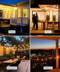 Outdoor Led String Lights 30Ft With 27 G40 Shatterproof Bulbs illuminating porch, party, backyard, and balcony settings at night.