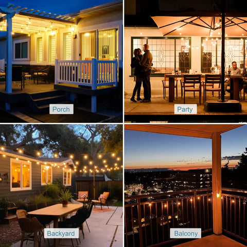 Outdoor Led String Lights 30Ft With 27 G40 Shatterproof Bulbs illuminating porch, party, backyard, and balcony settings at night.