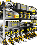 Heavy Duty Power Tool Organizer Wall Mount With Four Tier Storage And Eight Drill Holders Easy Install Garage Workshop Rack For Home Organization Solutions displaying tools and accessories.