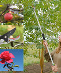 Cut And Hold Pole Pruner With 4 Point 2 Foot Reach And 180 Degree Rotating Handle, Easy Grip SK5 Steel Blade Cuts Up To Half Inch used by woman to prune tree.