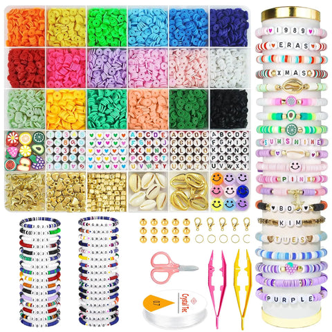 5300 Clay Beads Bracelet Making Kit For Kids Ages 8 To 12 With 500 Charms And Alphabet Beads A To Z Plus Vowels, kit contents displayed.