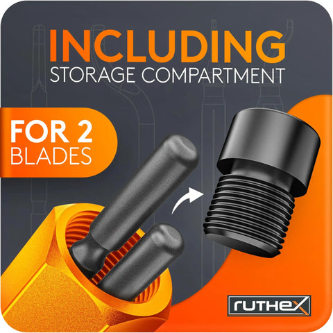 11 Blades Deburring Tool With Metal Storage Box 360 Degree Rotating Blade Manual Deburring Tool For Metal Resin Steel PVC And 3D Printing Built In Handle Storage For Quick Access showing two-blade storage compartment