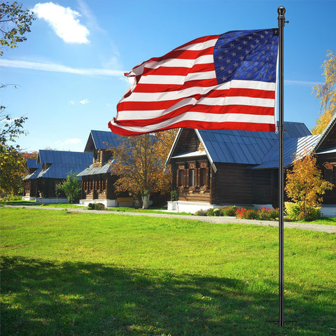 Beefy Heavy Duty Ground Flag Pole Kit 8.5 Feet Tangle Free Inground Flagpole With Windproof Prong in front of houses