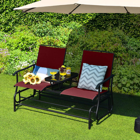 Two Person Swing Glider Chair With Center Tempered Glass Table Outdoor Patio Rocking Loveseat on Steel Frame in Burgundy