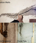 Images showing foundation walls with cracks, pipe perforations, and form ties for Foundation Crack Repair Kit With Polyurethane Injection Foam For Leaking Basement Walls 10 Foot Expands To Seal Water Leaks Stop The Drips For Good Easy DIY Solution For Permanent Basement Crack Repair.