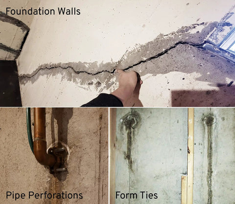 Images showing foundation walls with cracks, pipe perforations, and form ties for Foundation Crack Repair Kit With Polyurethane Injection Foam For Leaking Basement Walls 10 Foot Expands To Seal Water Leaks Stop The Drips For Good Easy DIY Solution For Permanent Basement Crack Repair.