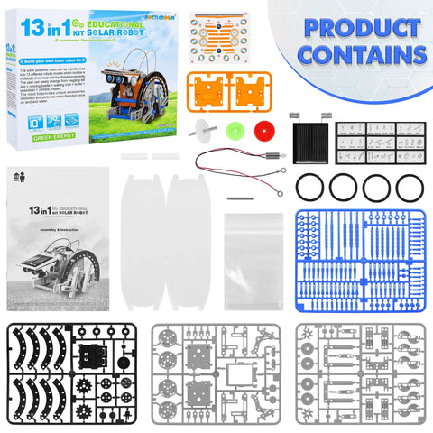 13 In 1 Solar Powered Robot Kit For Kids Aged 8 To 12, Hands On STEM Educational Toy Set parts and packaging displayed