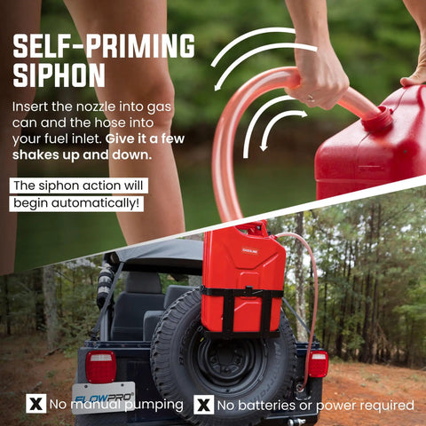 One Half Inch X Eight Foot Self Priming Jiggler Siphon Hose Transfers Gas Water Oil Fast Up To Four Gallons Per Minute in use draining fuel.