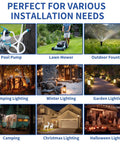 Collage of outdoor extension cord safety cover uses for pool pump, lawn mower, fountains, and various holiday and garden lighting.