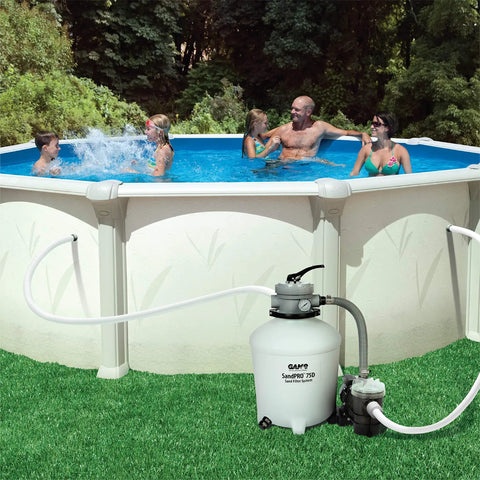 SandPRO 75D Series 0.75HP Replacement Pool Sand Filter Unit for Intex and Bestway above ground pools installed in garden