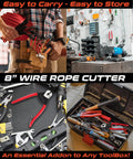 Heavy Duty 8 Inch Wire Rope Cutter for DIY Projects Railing Decking and Bicycle Cable Use shown in tool storage and workshop setup