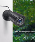 Four Pack 1080P HD TVI Wired Security Cameras Featuring Spot On Clarity And Rugged Weatherproof Bullets Quick No Sweat Installation To Watch Over Your Property Indoors Or Outdoors For Top Shelf Coverage mounted on a wet exterior wall.