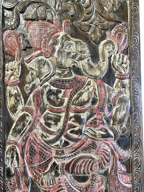 Slick Vintage Carved Wood Barn Door Panel Featuring An Epic Indian Ganesha Motif, intricate detailing of Ganesha, artisan craftsmanship.