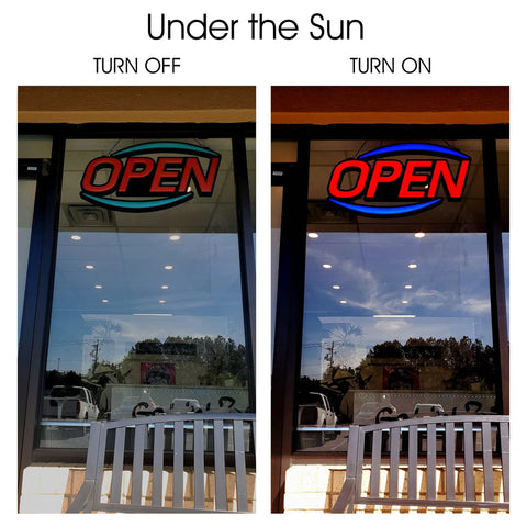 Two-window storefront with 32 Inch By 17 Inch LED Open Sign With Remote Control Ultra Bright Red And Blue Display Dynamic Light Modes High Visibility
