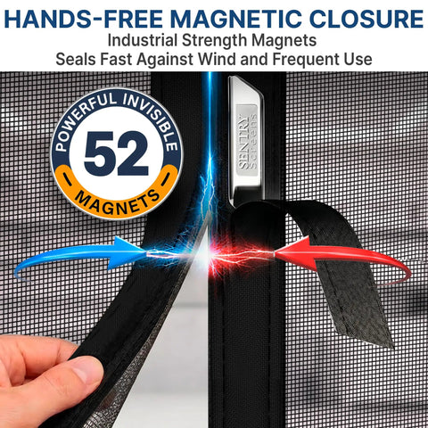 Two Car Garage Door Screen With Retractable Fiberglass Mesh Weatherproof Magnetic Closure Weighted Bottom Easy No Tools Install Tie Back Design 7 Ft High By 16 Ft Wide with hands touching the magnetic closure