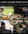 Workday Ready Earplug Earbuds with 27 dB Noise Reduction, shown in use for outdoor, woodworking, construction, and manufacturing.