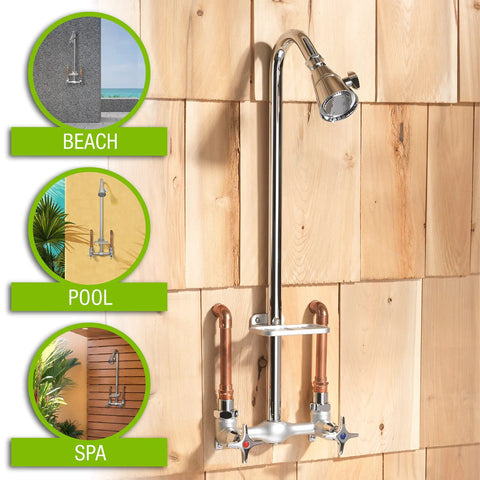 Outdoor Shower Kit With Soap Dish, Rust and Corrosion Resistant Brushed Nickel Finish, Dope For Poolside, Patio, Beach House Or Lake Cabin, Adjustable Spray Dial For Custom Shower, Built To Last Outdoor Bath Accessory mounted on wooden wall