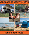 Heavy Duty Ground Anchors For Tents And Canopies, Screw In Stakes For High Wind And Sand, 2 Pack With T Grip Tool, Large Orange Color, Made In USA use in multiple settings.