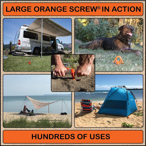 Heavy Duty Ground Anchors For Tents And Canopies, Screw In Stakes For High Wind And Sand, 2 Pack With T Grip Tool, Large Orange Color, Made In USA use in multiple settings.