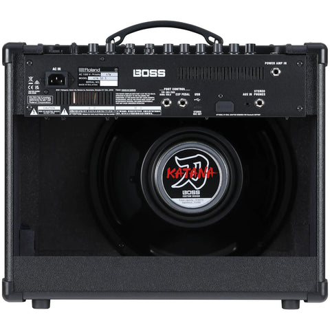 Back view of Katana 50 Gen 3 Guitar Amp Compact 50-Watt Combo with 12-Inch Speaker, showcasing connectivity and controls.