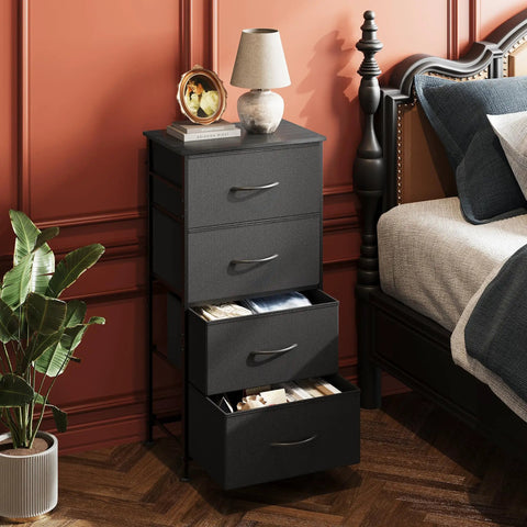 Four Drawer Dresser With Fabric Storage Tower And Wood Top Must Have Space Saving Closet Organizer in bedroom, charcoal black.