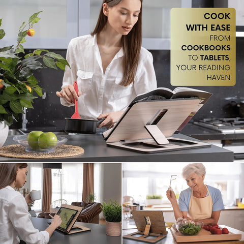 Oak Wood Book Stand With Adjustable Tilt For Reading And Cooking, Cookbook Holder in kitchen setup