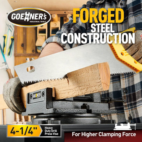 Bench Vise Built Tough As Nails In Forged Steel, 4-1/4 Inch Capacity Drill Press Vise clamping wood in workshop
