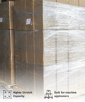 Heavy Duty Clear Cast Stretch Wrap 80 Gauge 19.7 X 6000 Ft Roll wrapping stacked boxes on pallets in a warehouse.
