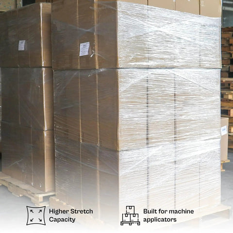 Heavy Duty Clear Cast Stretch Wrap 80 Gauge 19.7 X 6000 Ft Roll wrapping stacked boxes on pallets in a warehouse.