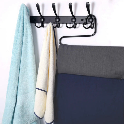 Wall Mount Coat Rack With Five Tri Hooks Tough As Nails Built To Last Heavy Duty Stainless Steel Rail For Coats Hats Towels Purses Robes Mudroom Bathroom Entryway Black Finish 2 Pack displaying towels