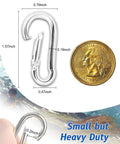 30 Pcs 1.57 Inch Mini Carabiner Clips M4 Stainless Steel Heavy Duty Locking Snap Hooks next to a coin for scale