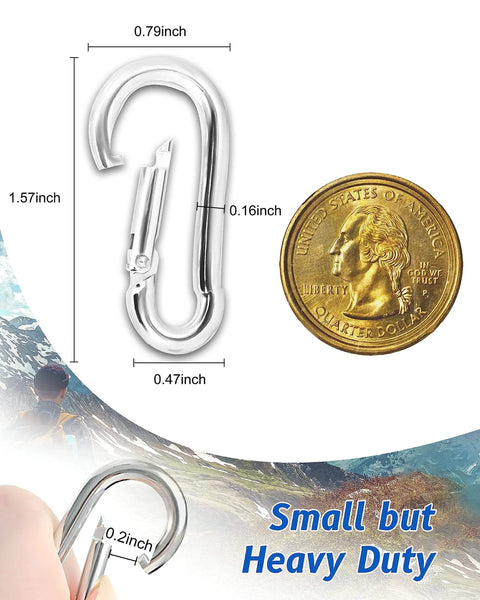 30 Pcs 1.57 Inch Mini Carabiner Clips M4 Stainless Steel Heavy Duty Locking Snap Hooks next to a coin for scale