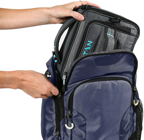 Heavy Duty Expandable Lunch Pack With Dual Food Containers And Pro Grade Ice Walls For Hella Superior Cooling And Zero Leak Stress In Smooth Black And Blue Travel Bag, person unzipping compartment.