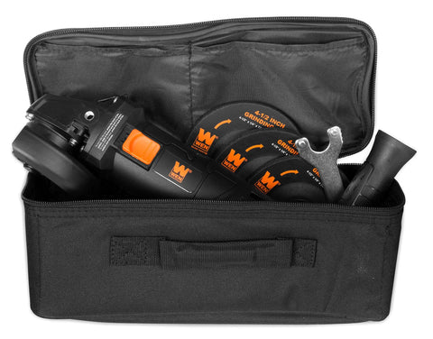 Seven Point Five Amp Four And A Half Inch Angle Grinder With Reversible Handle Includes Three Grinding Discs and Case