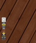 Hardcore Deck And Fence Stain With Gnarly UV Protection Black Walnut Oil Base on wood, showing rich brown color and protective can.