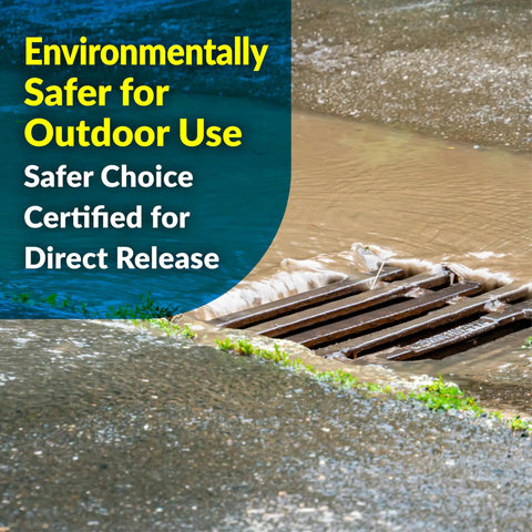 Image of water flowing into a storm drain with text stating environmentally safer for outdoor use and certified for direct release.