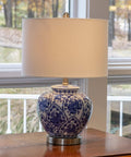 Blue And White Floral Ceramic Table Lamp With White Linen Shade And Brushed Nickel Accents 3 Way Lighting Ginger Jar Inspired Cozy Decor